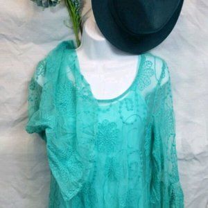 F & F Sheer Turquoise Lace Blouse With Matching Un